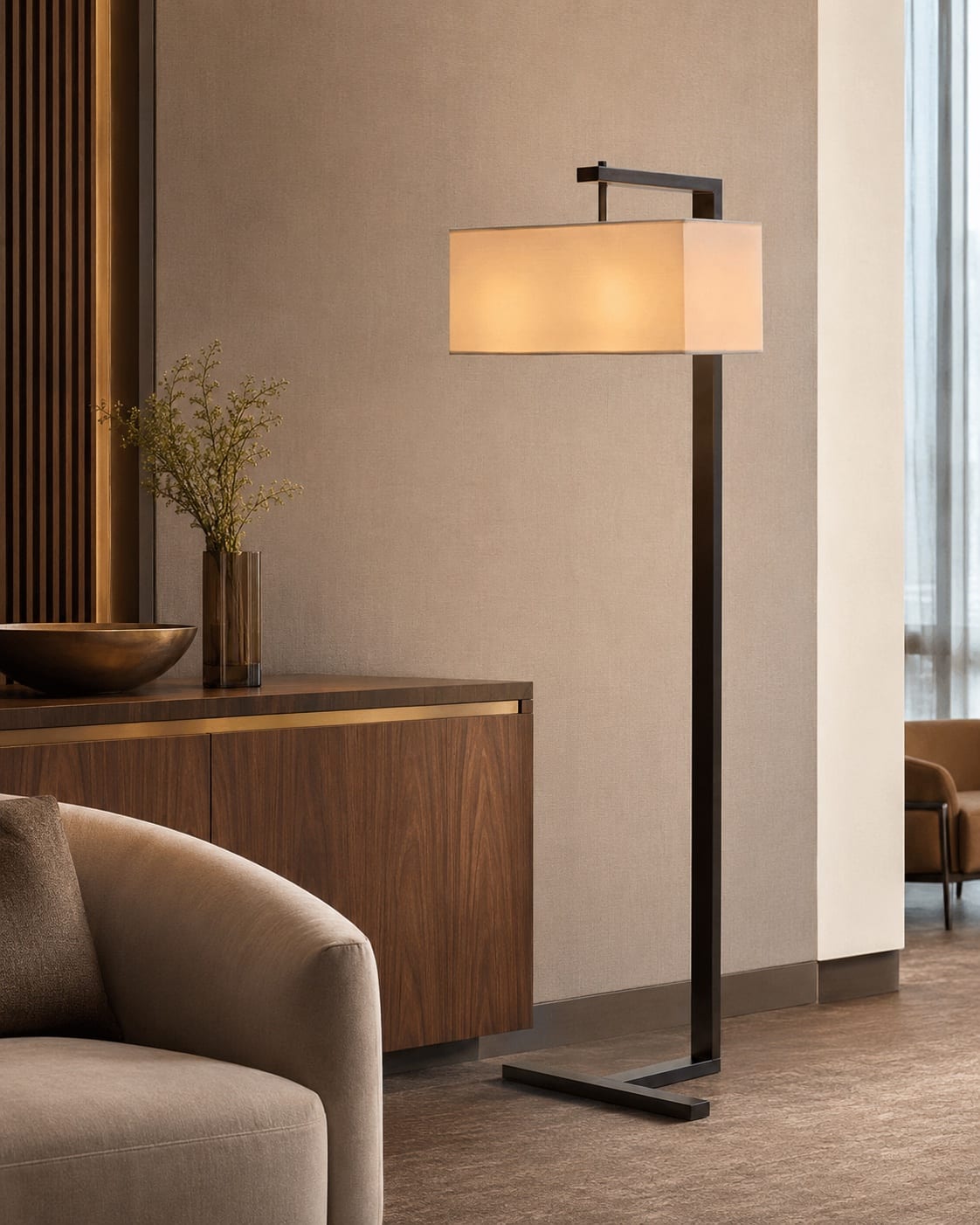 Custom geometric floor lamp with a rectangular fabric shade and structured dark metal frame