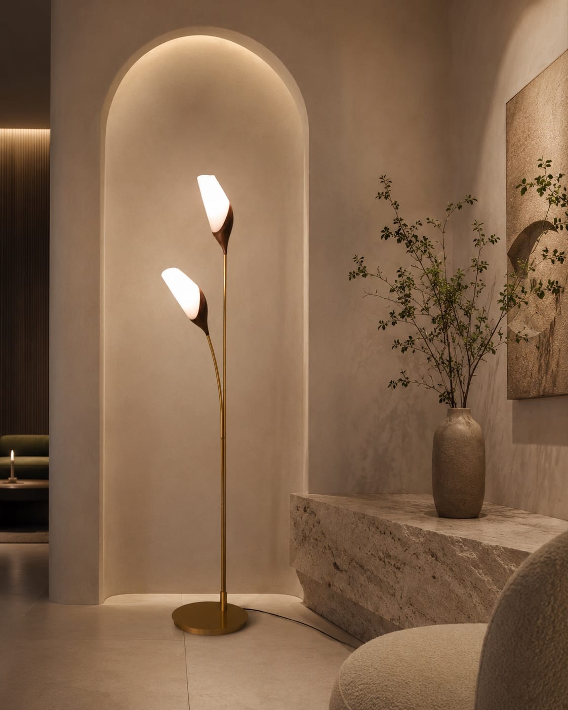 Custom sculptural dual-light floor lamp with two glowing diffusers and slender brass stems