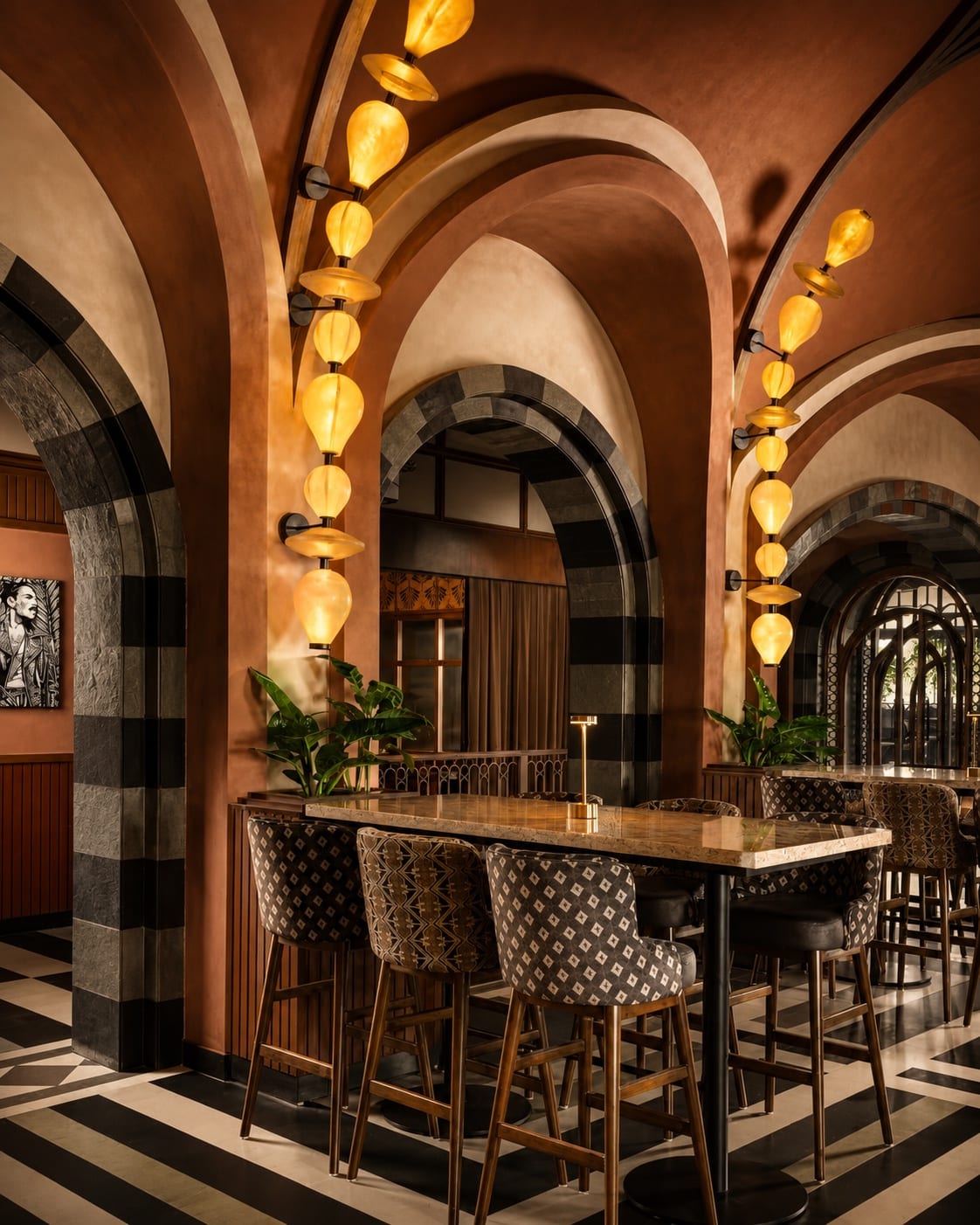 Warm wall lighting integrated within arches of a restaurant interior