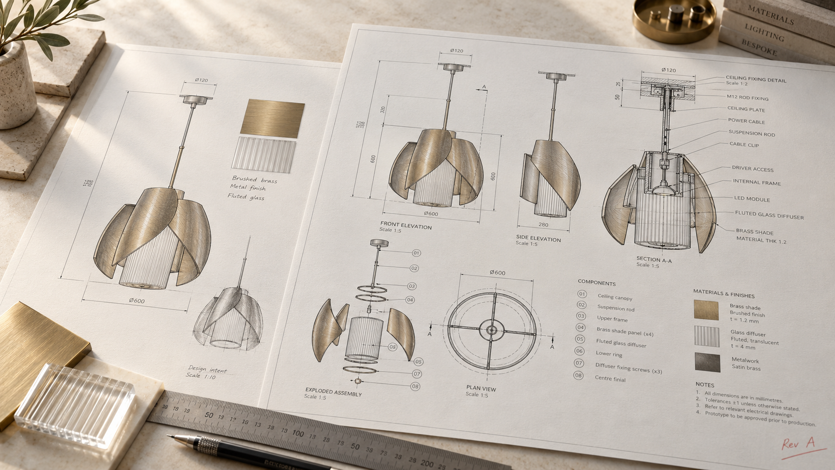 Bespoke pendant lighting shop drawings with elevations, sections, exploded assembly details and material samples