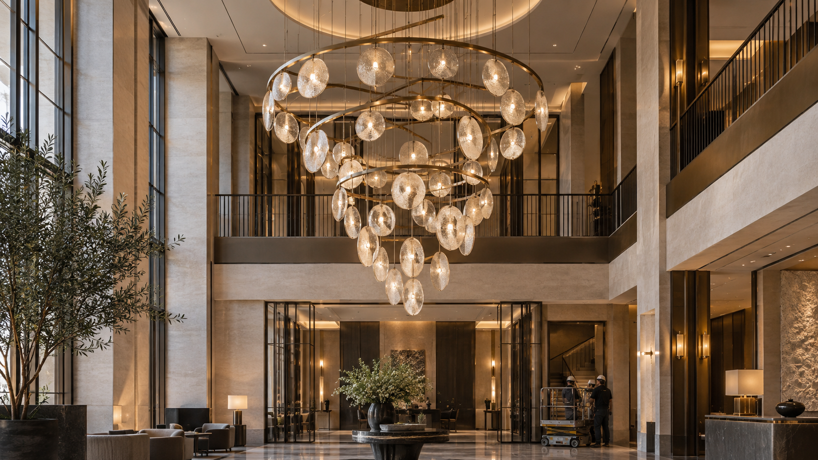Large bespoke chandelier with suspended glass discs and curved brass frames in a double-height hospitality interior