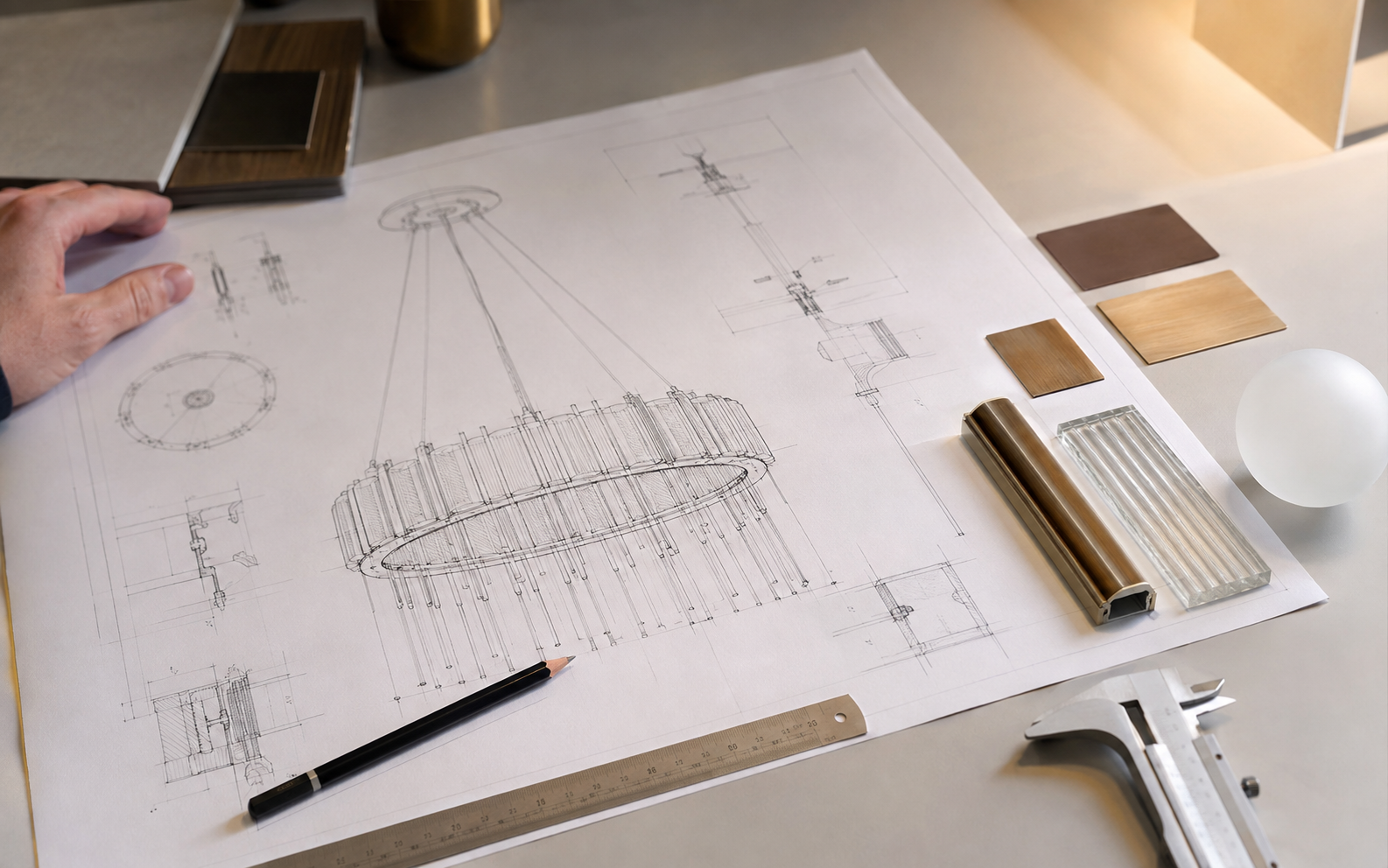 Bespoke chandelier technical drawings with metal, glass and finish samples arranged for project development