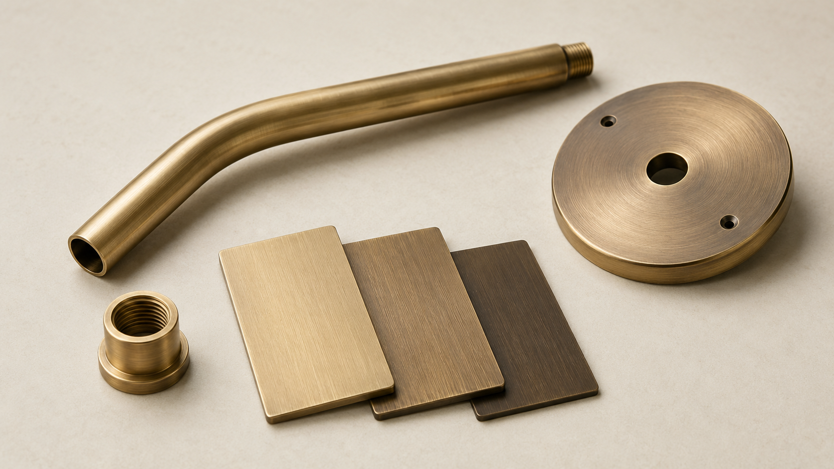 Antique brass lighting components and finish samples arranged on a warm neutral surface