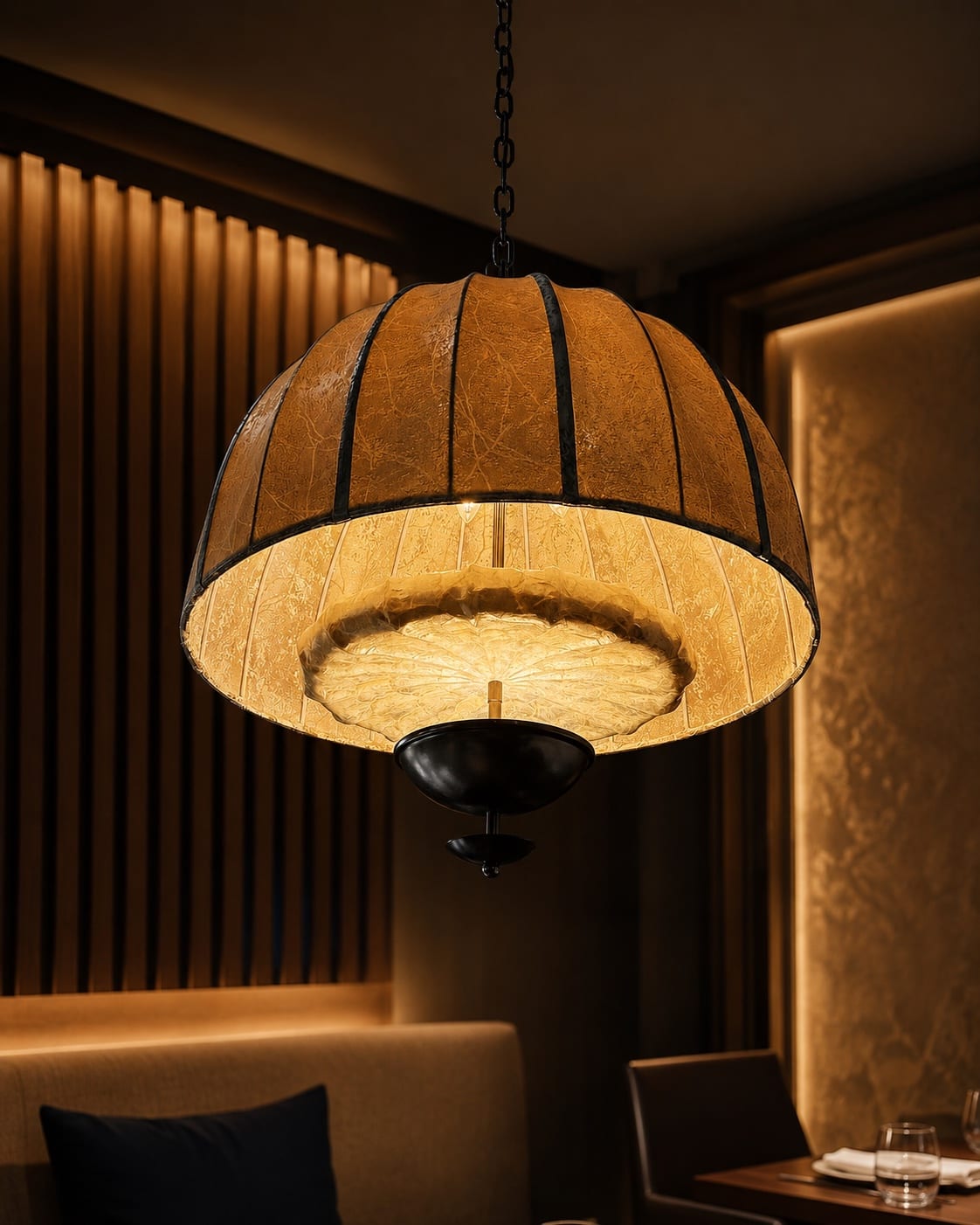Warm amber dome pendant with dark metal ribs and chain suspension above a hospitality table