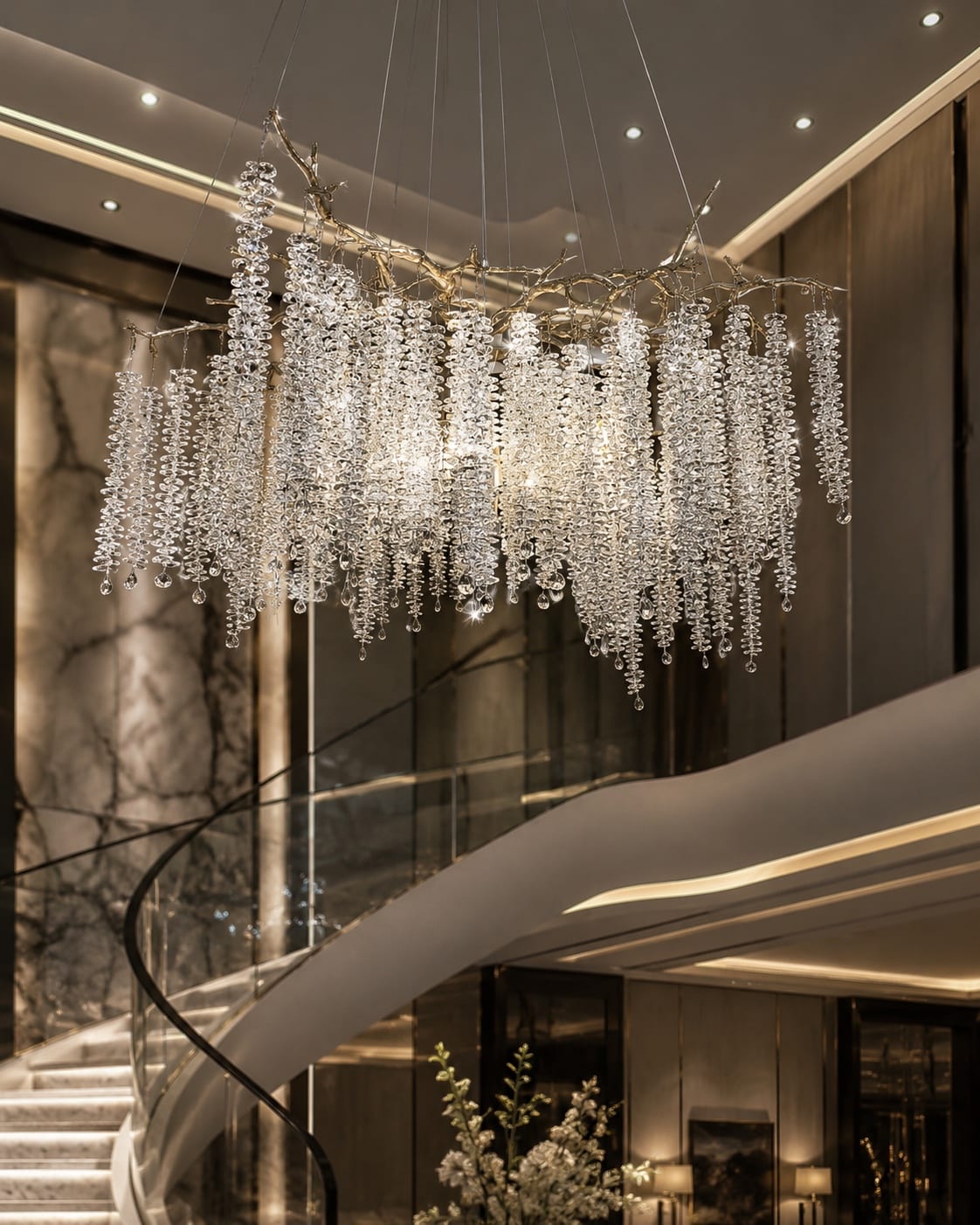 Suspended decorative branch pendant installation with many clear spiral glass drops above a curved staircase