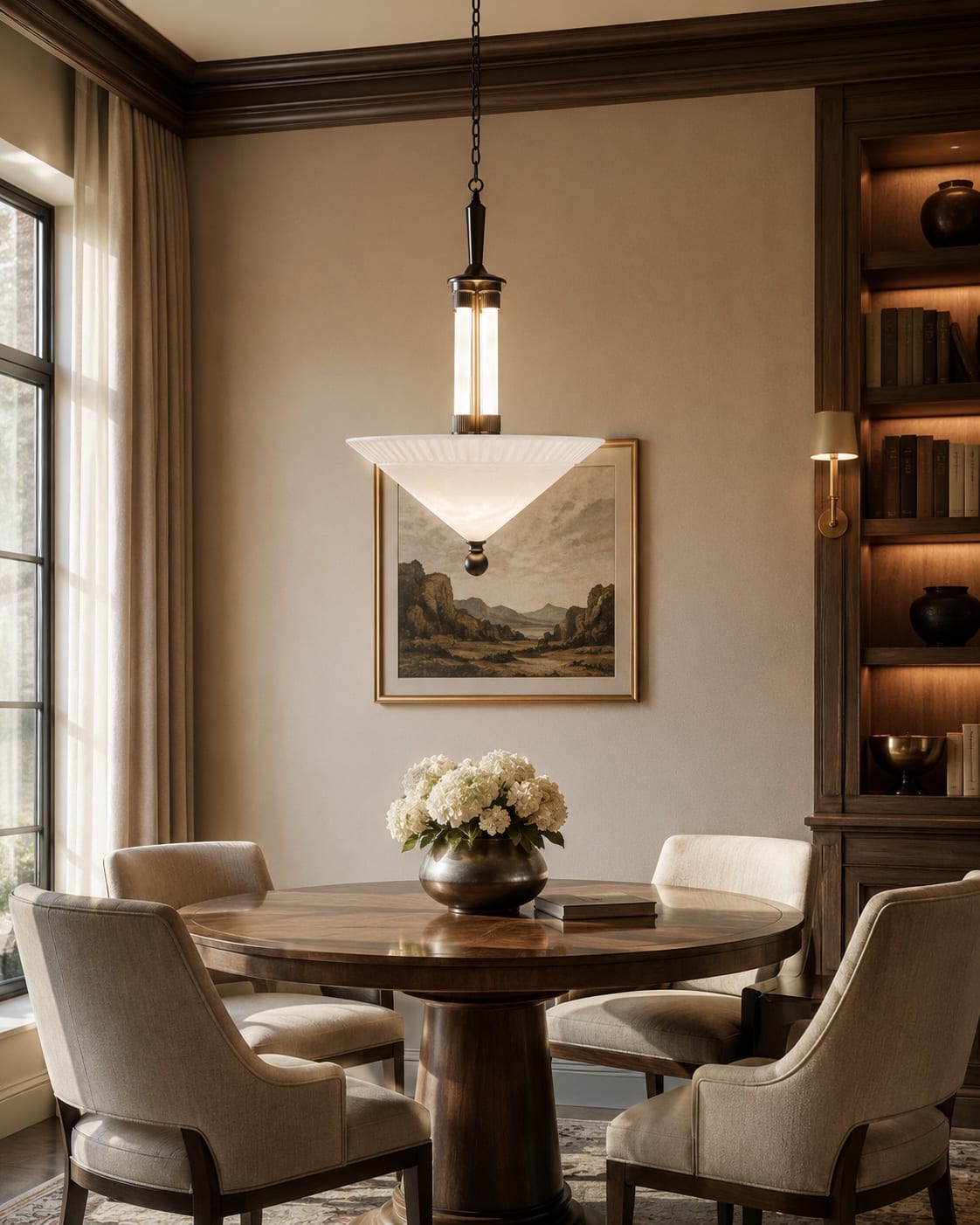 Inverted alabaster bowl pendant with dark metal suspension above a round dining table