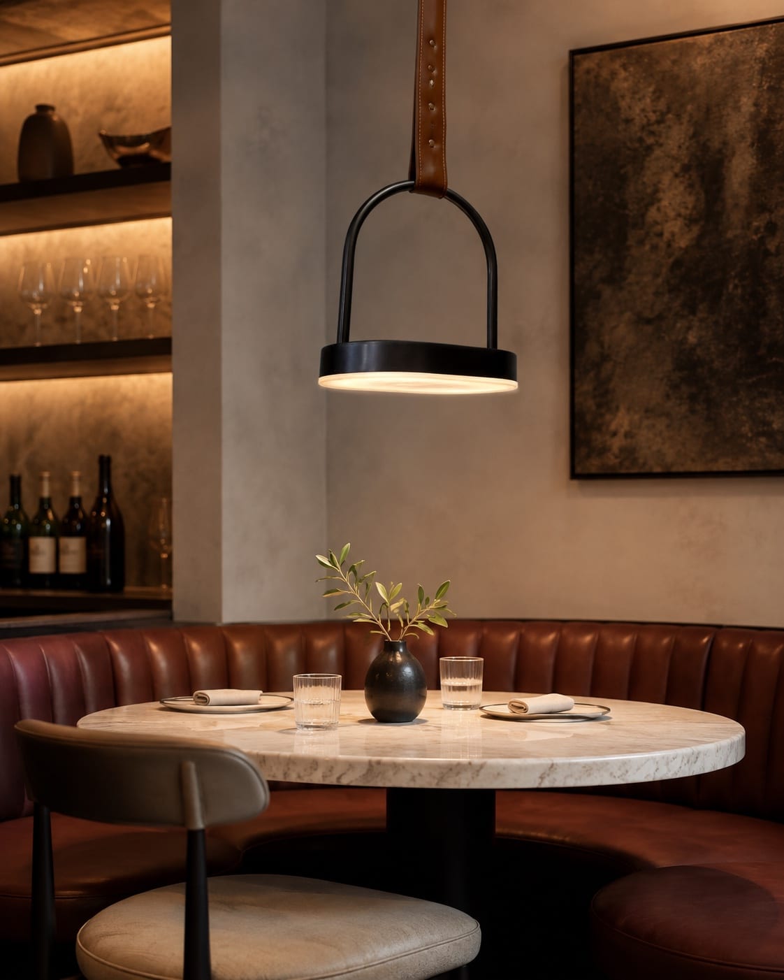 Compact black disc pendant suspended by a brown leather strap above a restaurant table