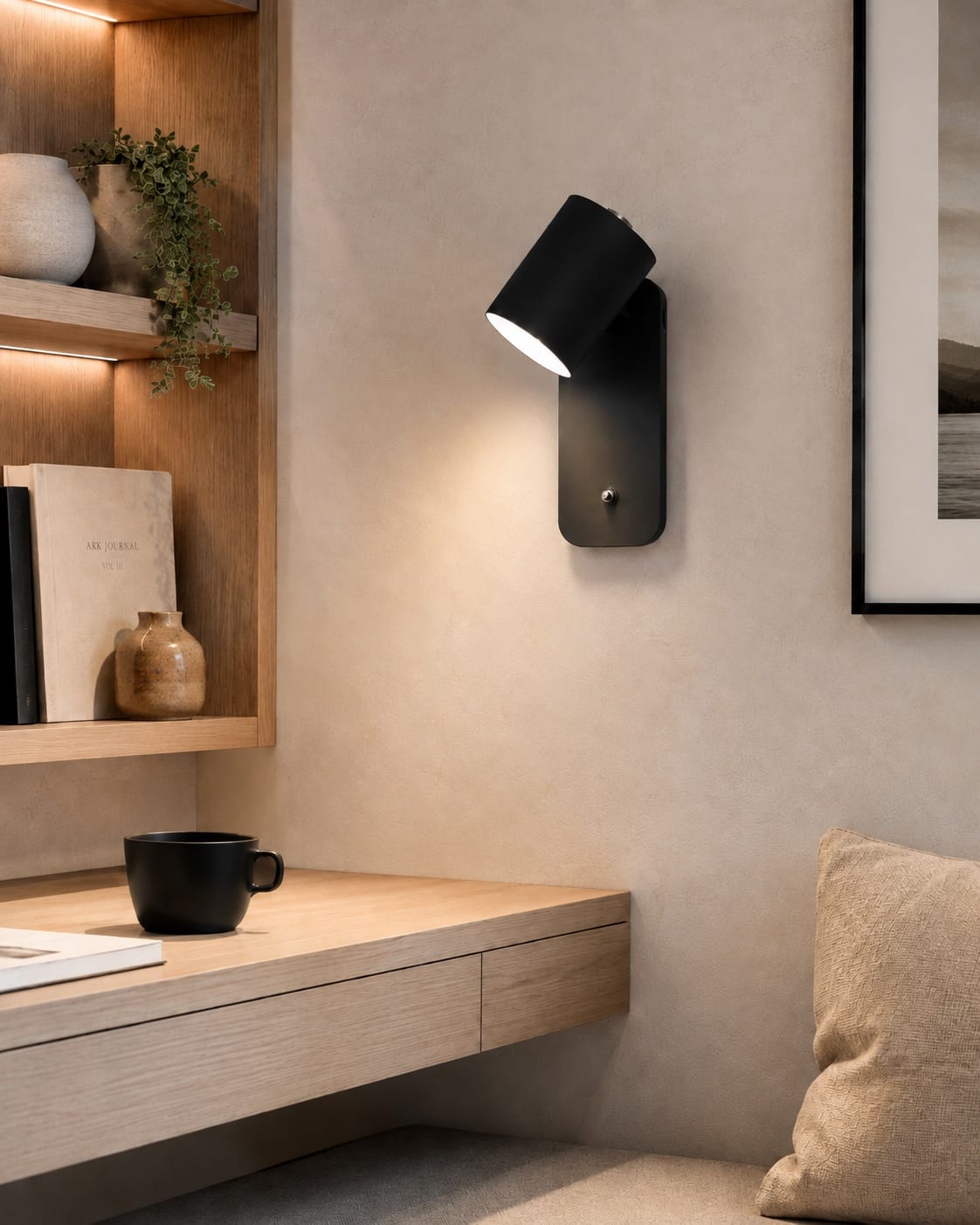 Compact matte black directional reading spotlight mounted above a light timber desk