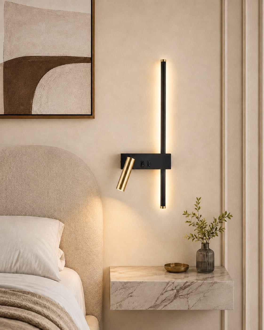 Black and brass dual-function bedside light with directional spotlight and vertical ambient illumination