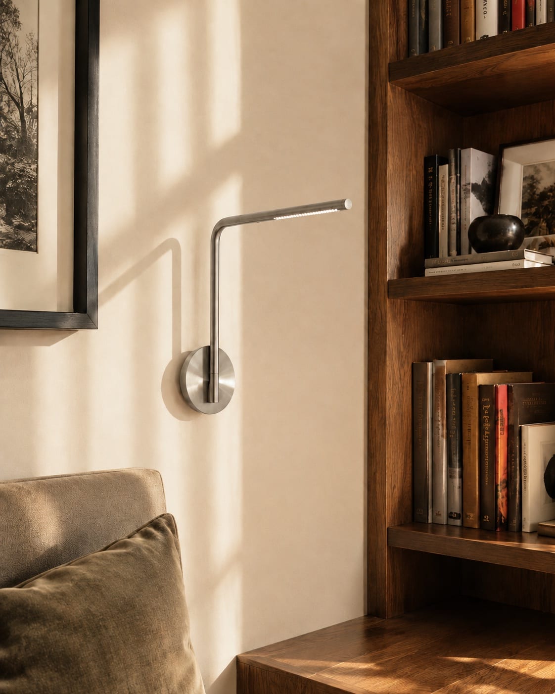 Minimal brushed metal wall-mounted reading light beside a bookcase in a calm interior