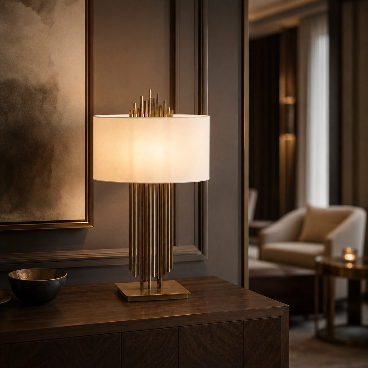 Sculptural brass table lamp with an illuminated white cylindrical shade