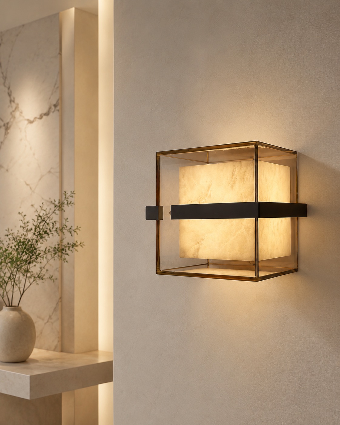 Custom framed alabaster cube wall light with clear outer panels and dark metal details in a luxury interior