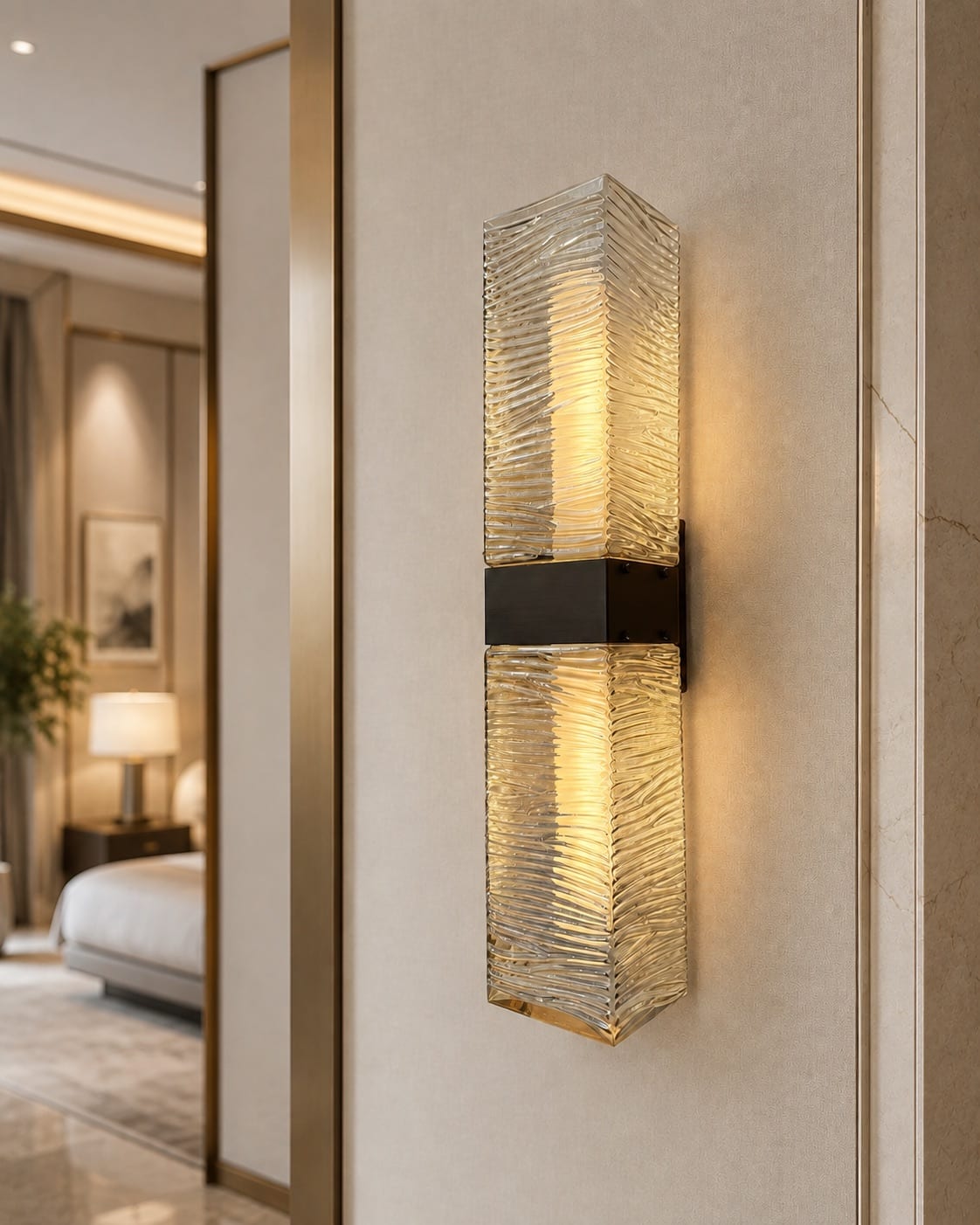 Tall custom ribbed glass wall light with a central dark metal band in a refined hotel corridor