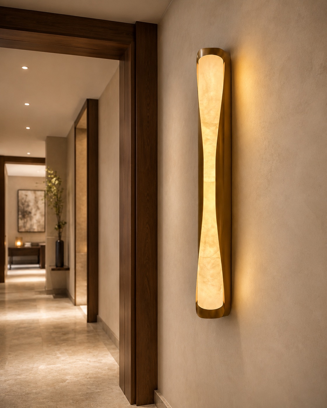 Tall sculptural alabaster column wall light with brushed brass edges in a warm hospitality corridor